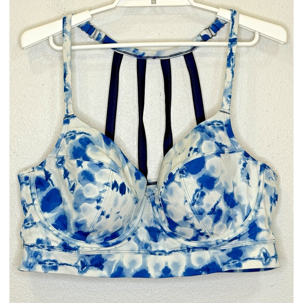 Cacique Swim Top Sz 44DD Blue Tie Dye Lightly Lined Balconette Underwire Strappy
